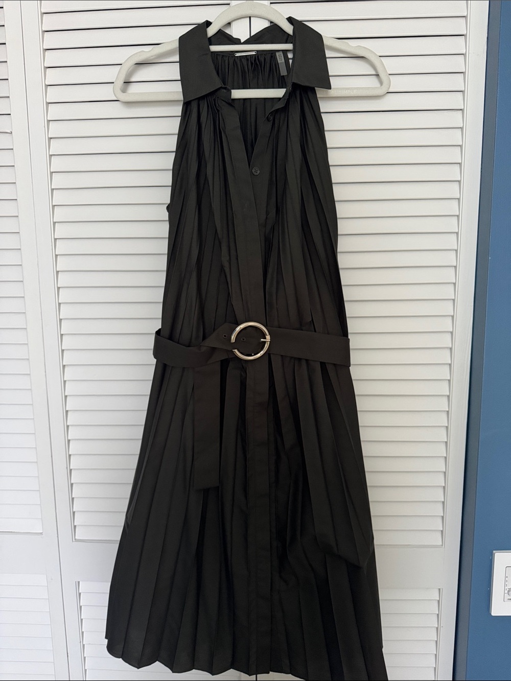 Elie Tahari Black Pleated Halter Midi Dress with Ring Buckle Belt
